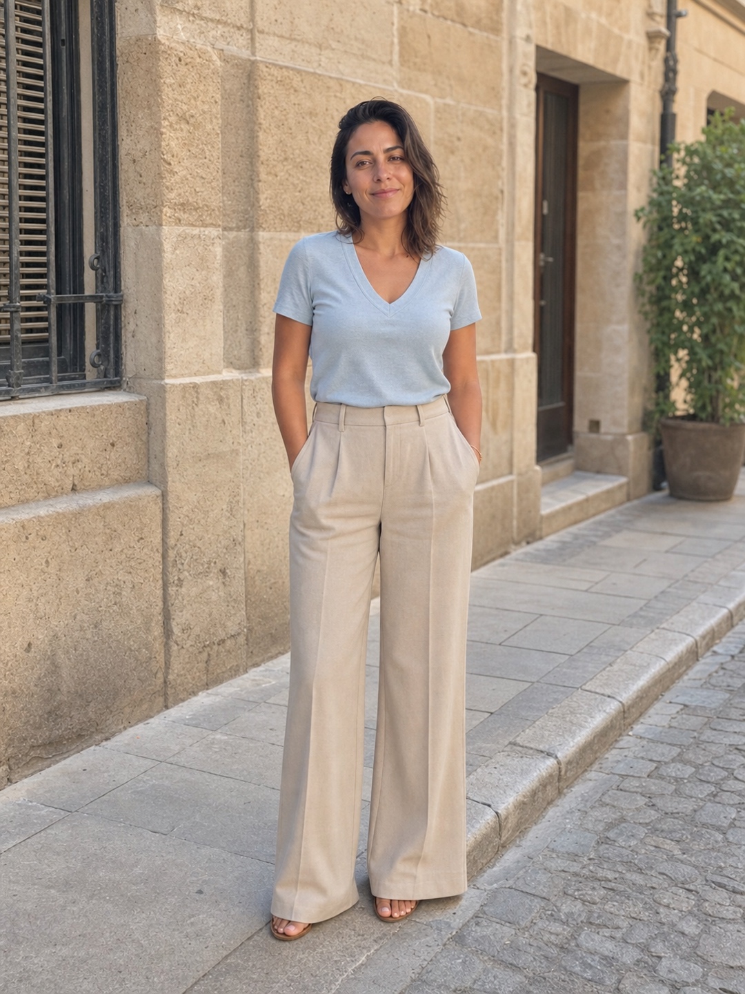 Woman alone on a city walk wearing a powder-blue V-neck top and sand wide-leg trousers
