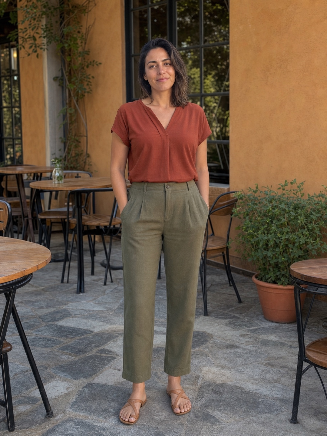 Woman alone at a quiet cafe wearing a rust short-sleeve blouse and olive trousers